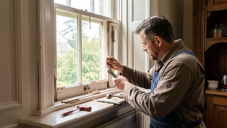 Professional craftsman repairing broken sash window in Edinburgh Georgian property