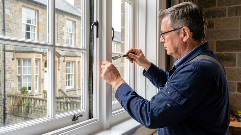 Craftsperson installing draught proofing seals on Georgian sash window in Edinburgh conservation area
