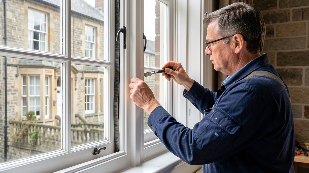 Craftsperson installing draught proofing seals on Georgian sash window in Edinburgh conservation area